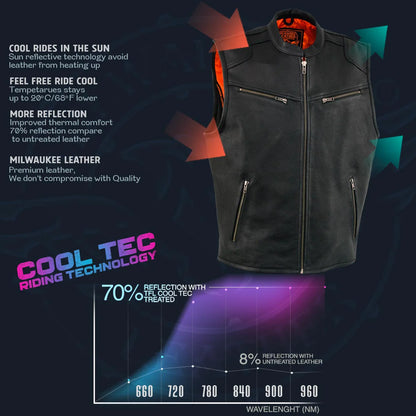 Men's Black Cool-Tec Leather Vest Front Zipper Motorcycle Rider Vest with Stand-Up Collar