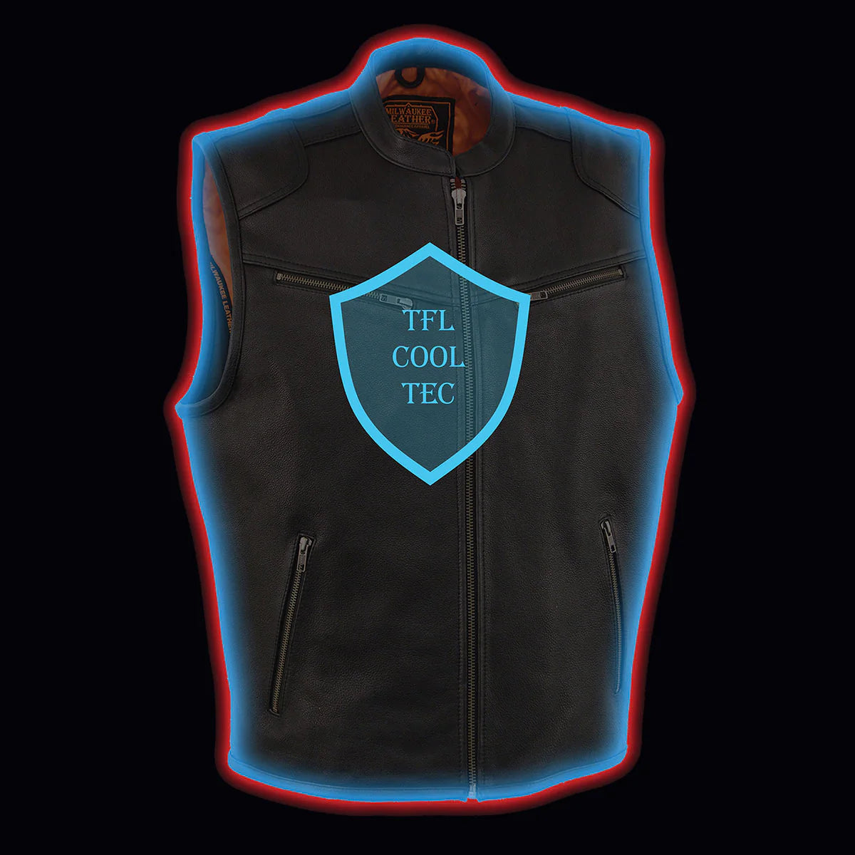 Men's Black Cool-Tec Leather Vest Front Zipper Motorcycle Rider Vest with Stand-Up Collar