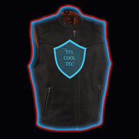 Men's Black Cool-Tec Leather Vest Front Zipper Motorcycle Rider Vest with Stand-Up Collar