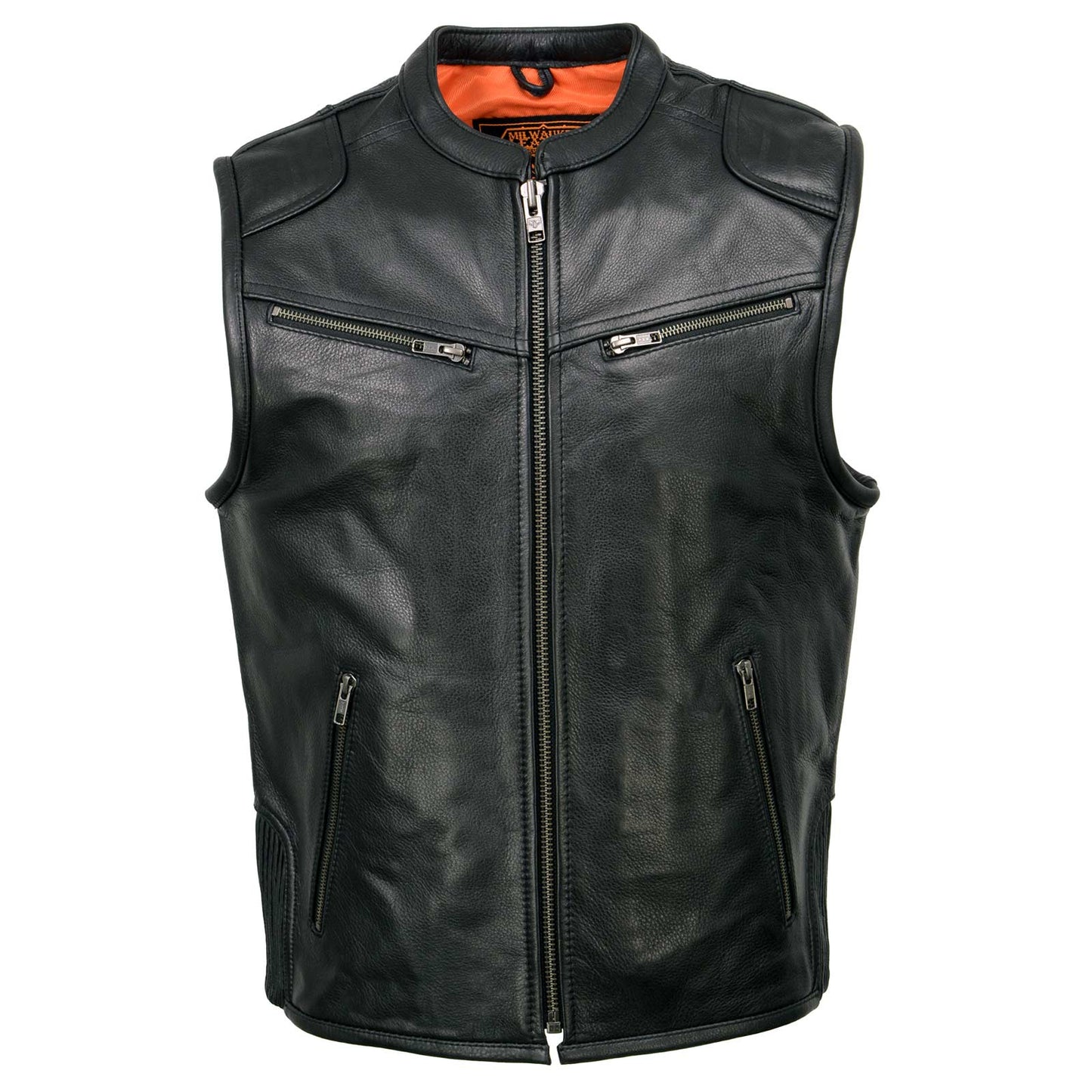 Men's Black Cool-Tec Leather Vest Front Zipper Motorcycle Rider Vest with Stand-Up Collar