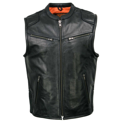 Men's Black Cool-Tec Leather Vest Front Zipper Motorcycle Rider Vest with Stand-Up Collar