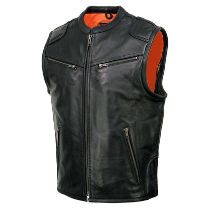 Men's Black Cool-Tec Leather Vest Front Zipper Motorcycle Rider Vest with Stand-Up Collar