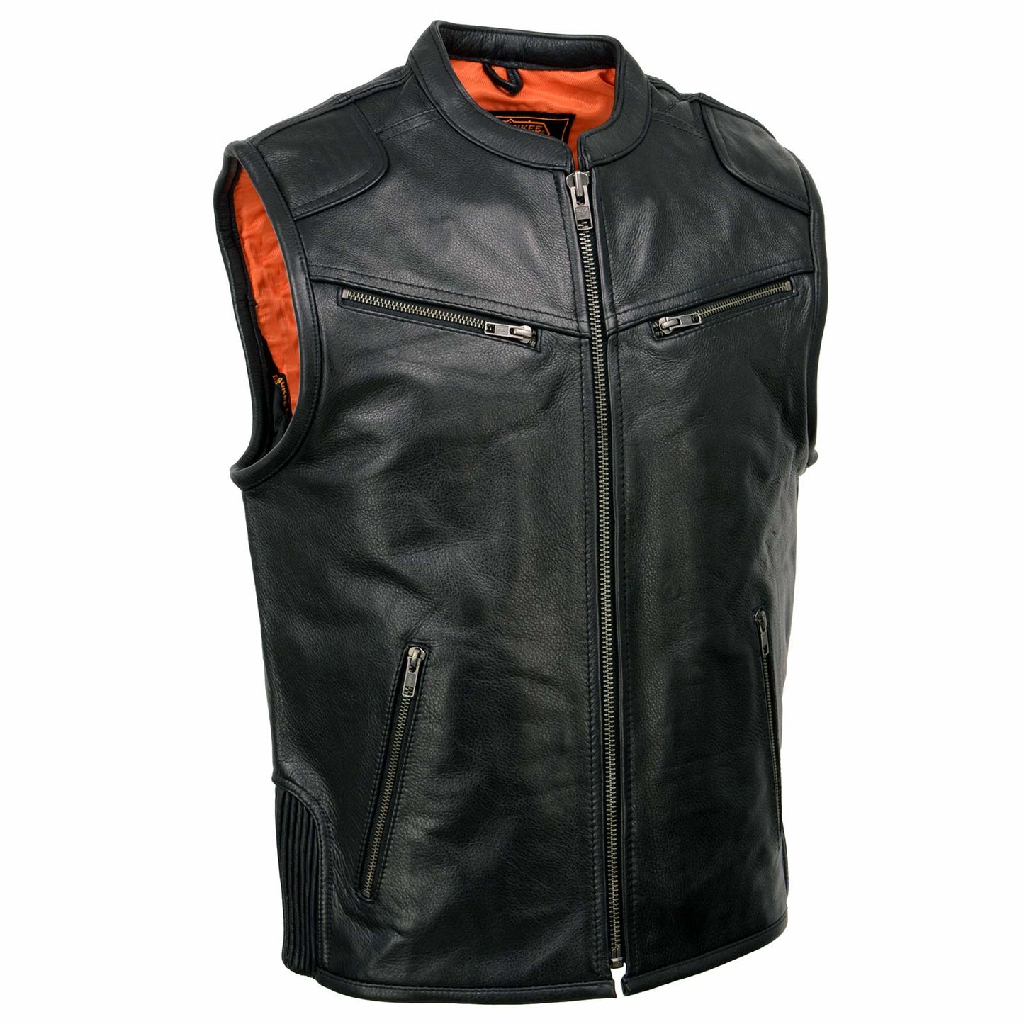 Men's Black Cool-Tec Leather Vest Front Zipper Motorcycle Rider Vest with Stand-Up Collar