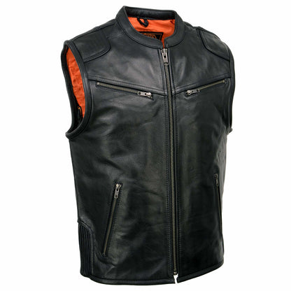 Men's Black Cool-Tec Leather Vest Front Zipper Motorcycle Rider Vest with Stand-Up Collar