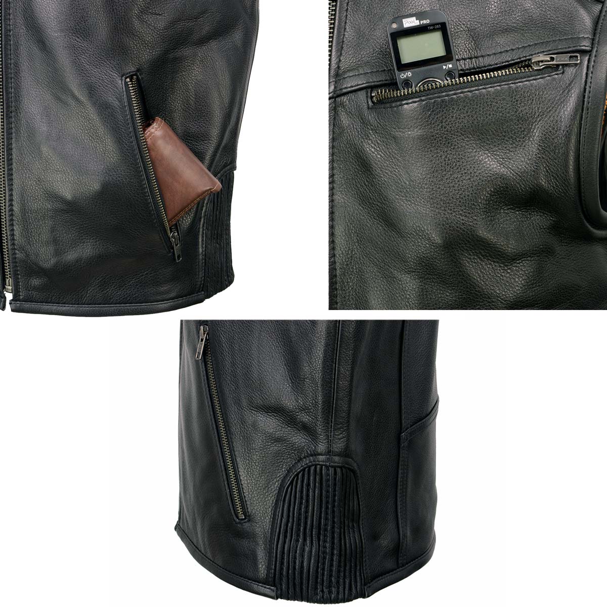 Men's Black Cool-Tec Leather Vest Front Zipper Motorcycle Rider Vest with Stand-Up Collar