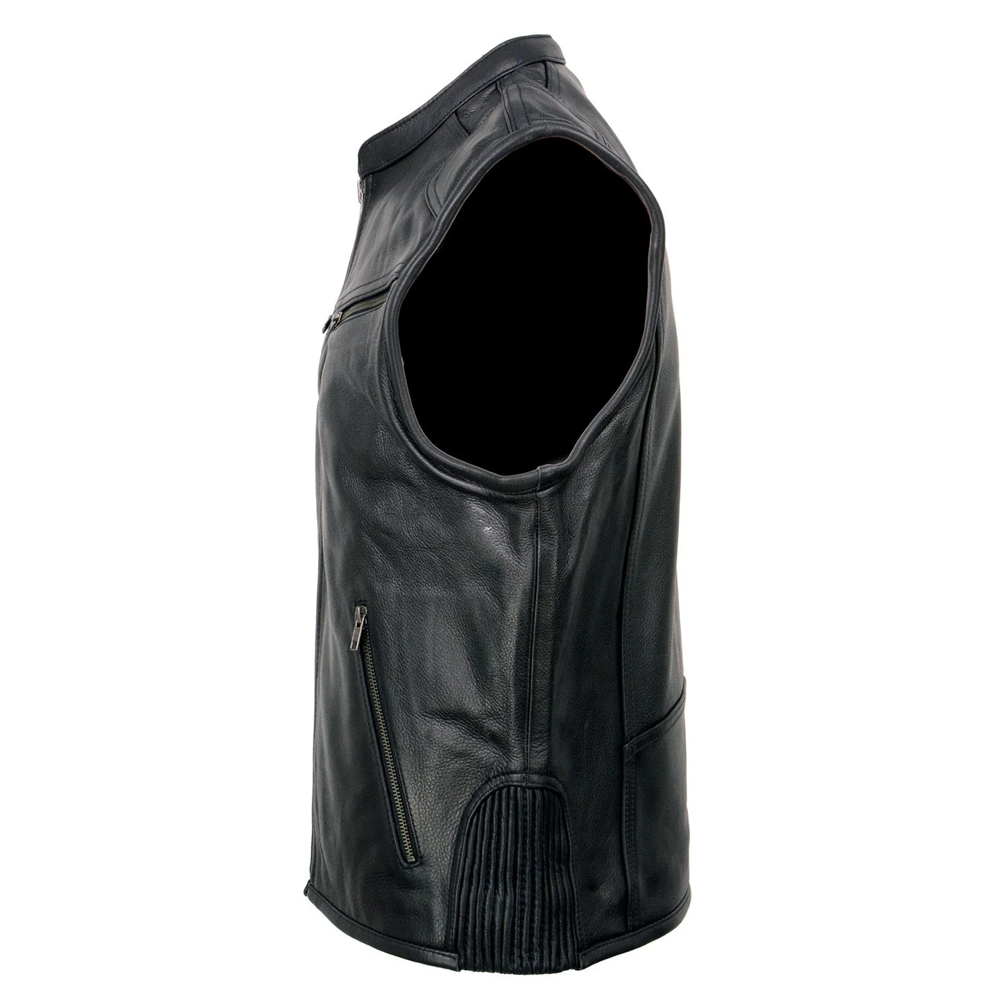 Men's Black Cool-Tec Leather Vest Front Zipper Motorcycle Rider Vest with Stand-Up Collar