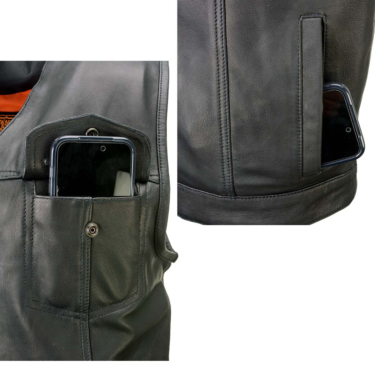 Men's 'Pursuit' Black Premium Naked Goad Leather V Neck Motorcycle Rider Vest