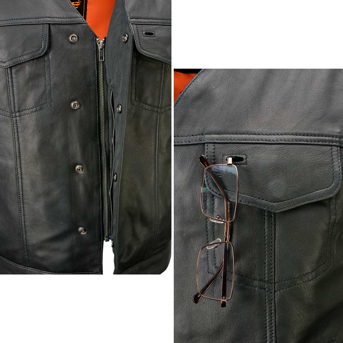 Men's 'Pursuit' Black Premium Naked Goad Leather V Neck Motorcycle Rider Vest
