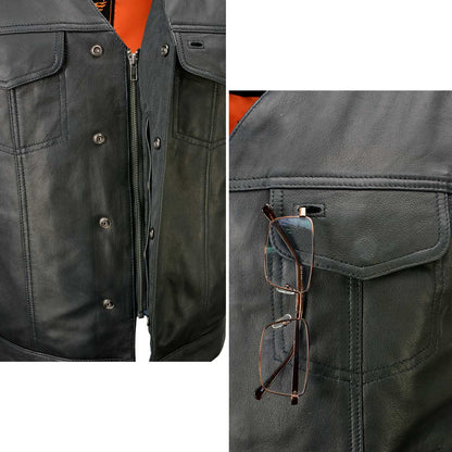 Men's 'Pursuit' Black Premium Naked Goad Leather V Neck Motorcycle Rider Vest