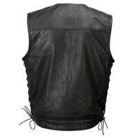 Men's Black 'Pursuit' V Neck Club Style Motorcycle Leather Vest with Adjustable Side Laces