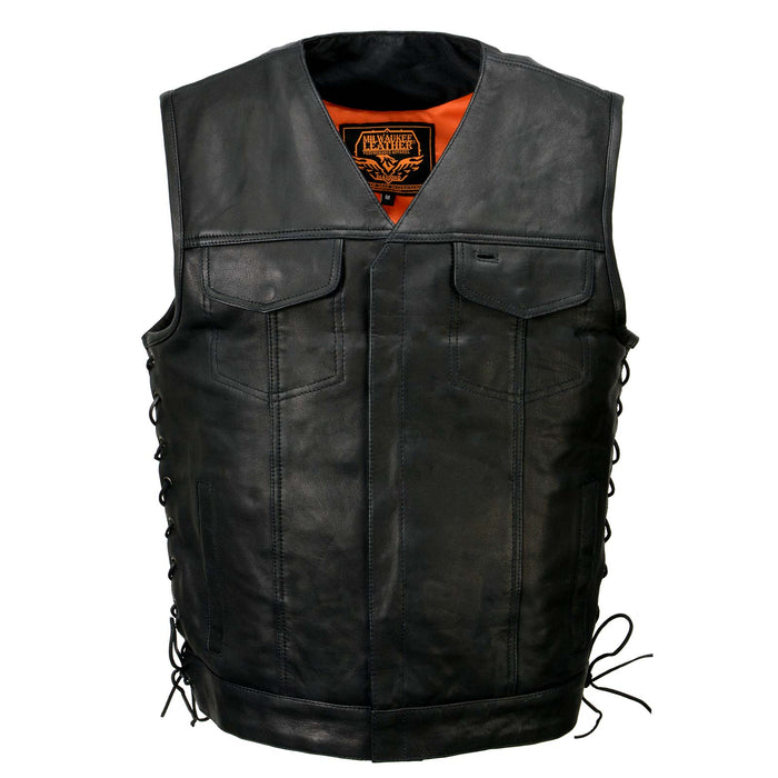 Men's Black 'Pursuit' V Neck Club Style Motorcycle Leather Vest with Adjustable Side Laces