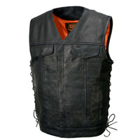 Men's Black 'Pursuit' V Neck Club Style Motorcycle Leather Vest with Adjustable Side Laces