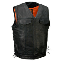 Men's Black 'Pursuit' V Neck Club Style Motorcycle Leather Vest with Adjustable Side Laces