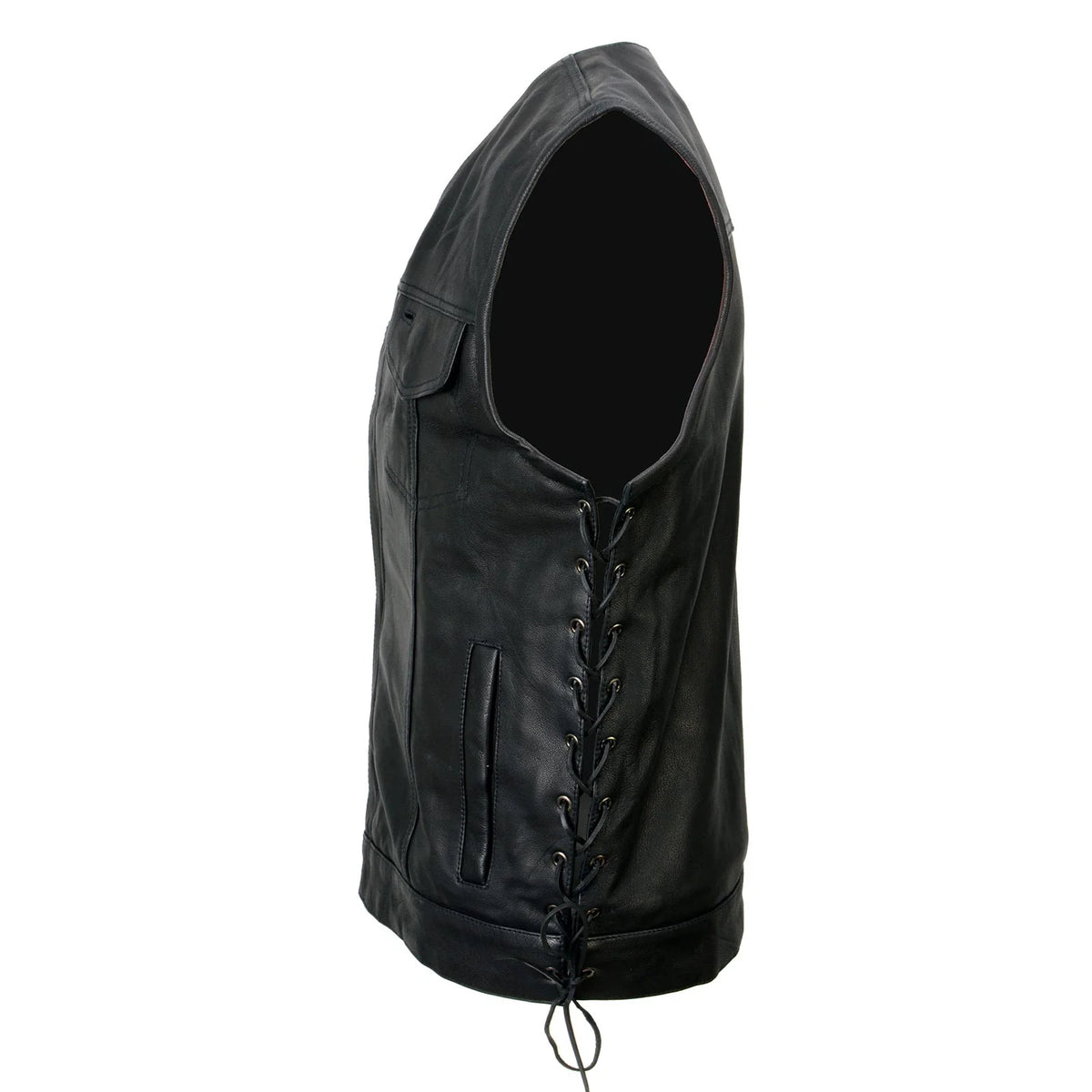 Men's Black 'Pursuit' V Neck Club Style Motorcycle Leather Vest with Adjustable Side Laces