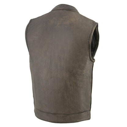 Men's Distressed Brown Dual Closure Open Neck Club Motorcycle Leather Vest