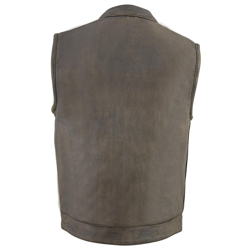 Men's Distressed Brown Dual Closure Open Neck Club Motorcycle Leather Vest