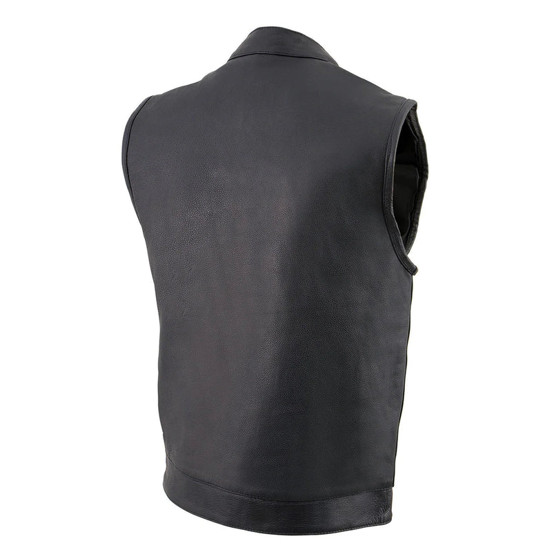 Men's Black Dual Closure Open Neck Club Style Motorcycle Leather Vest