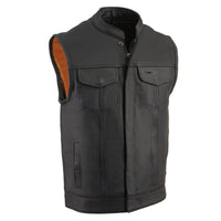 Men's Black Dual Closure Open Neck Club Style Motorcycle Leather Vest