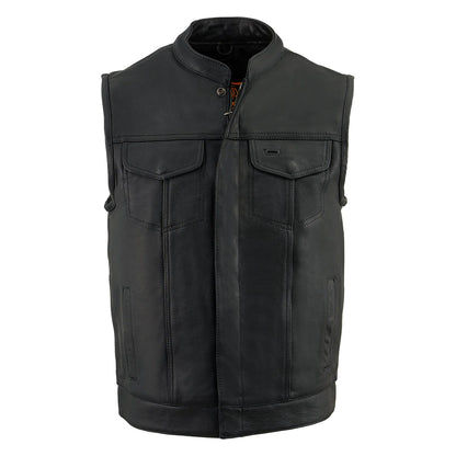 Men's Black Dual Closure Open Neck Club Style Motorcycle Leather Vest