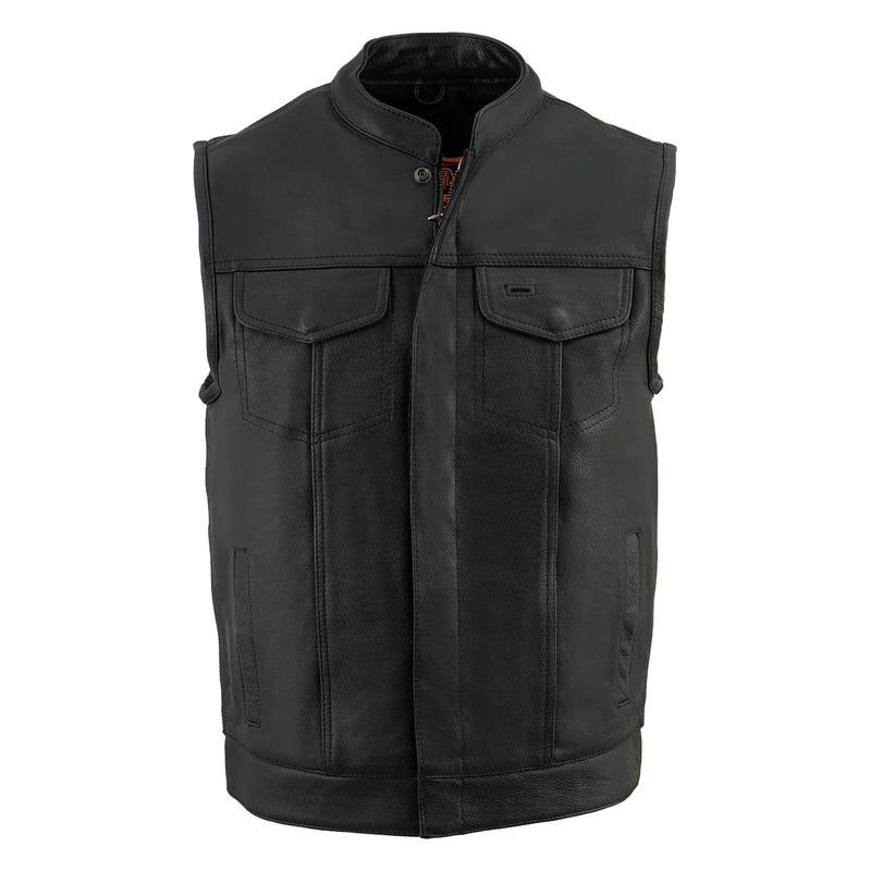 Men's Black Dual Closure Open Neck Club Style Motorcycle Leather Vest