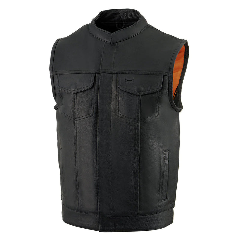 Men's Black Dual Closure Open Neck Club Style Motorcycle Leather Vest