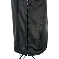 Men's Black Premium Leather Classic V-Neck Side Lace Motorcycle Rider Vest