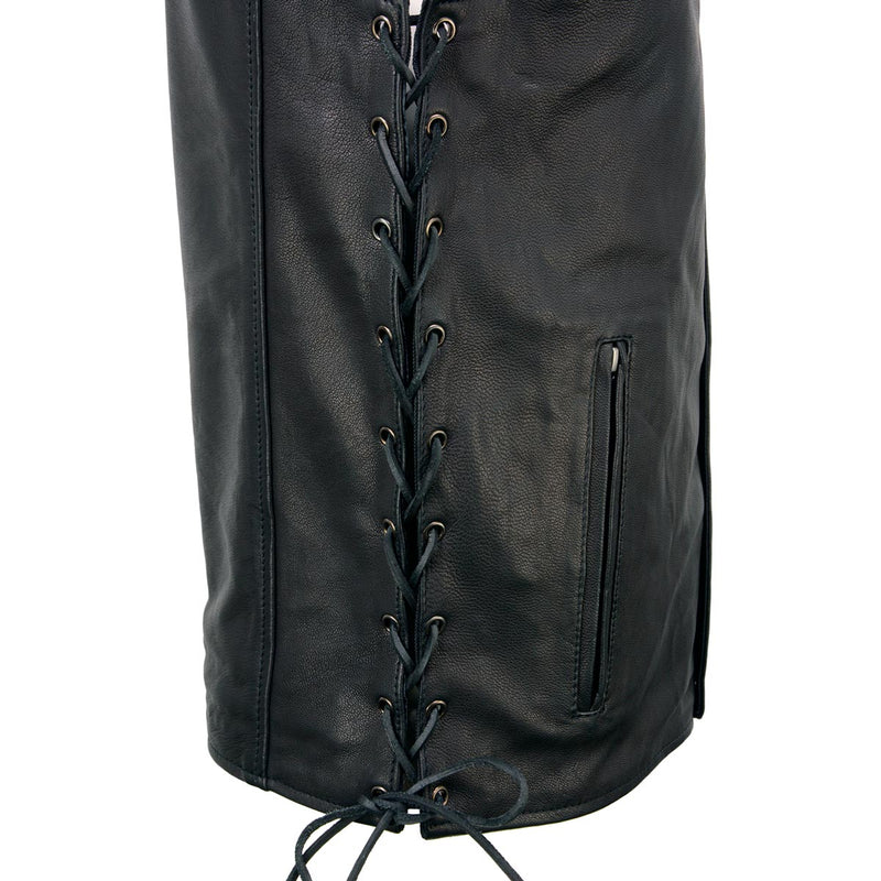 Men's Black Premium Leather Classic V-Neck Side Lace Motorcycle Rider Vest