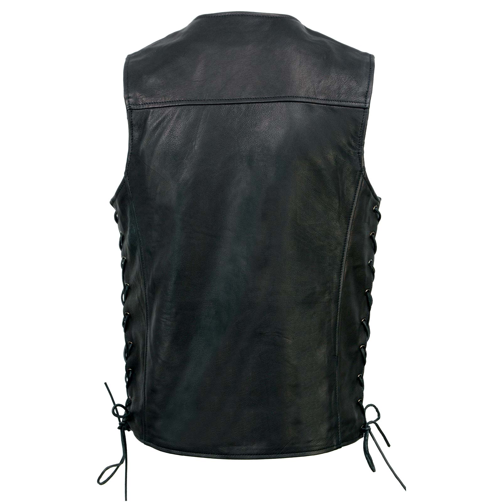 Men's Black Premium Leather Classic V-Neck Side Lace Motorcycle