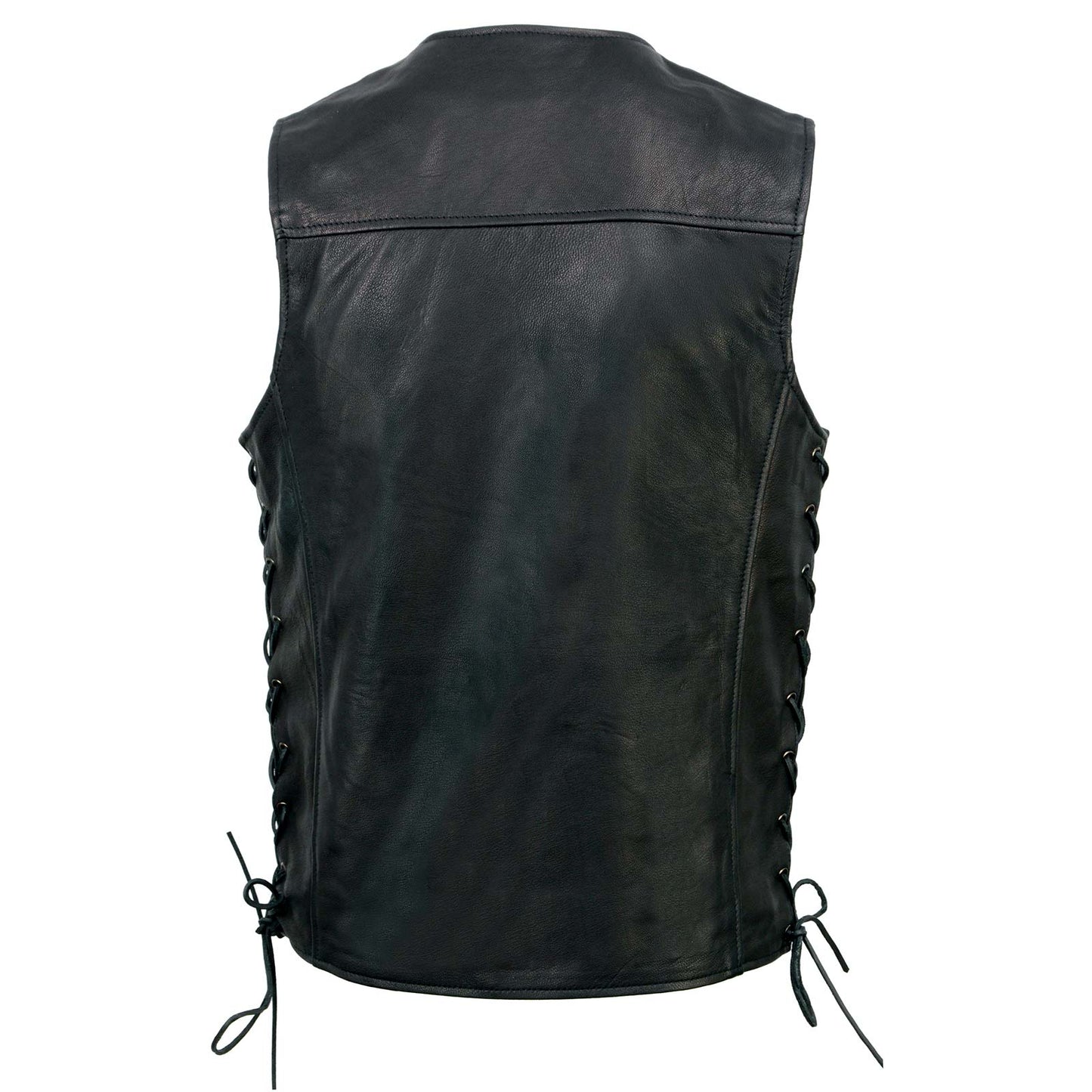Men's Black Premium Leather Classic V-Neck Side Lace Motorcycle Rider Vest