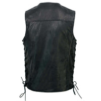 Men's Black Premium Leather Classic V-Neck Side Lace Motorcycle Rider Vest