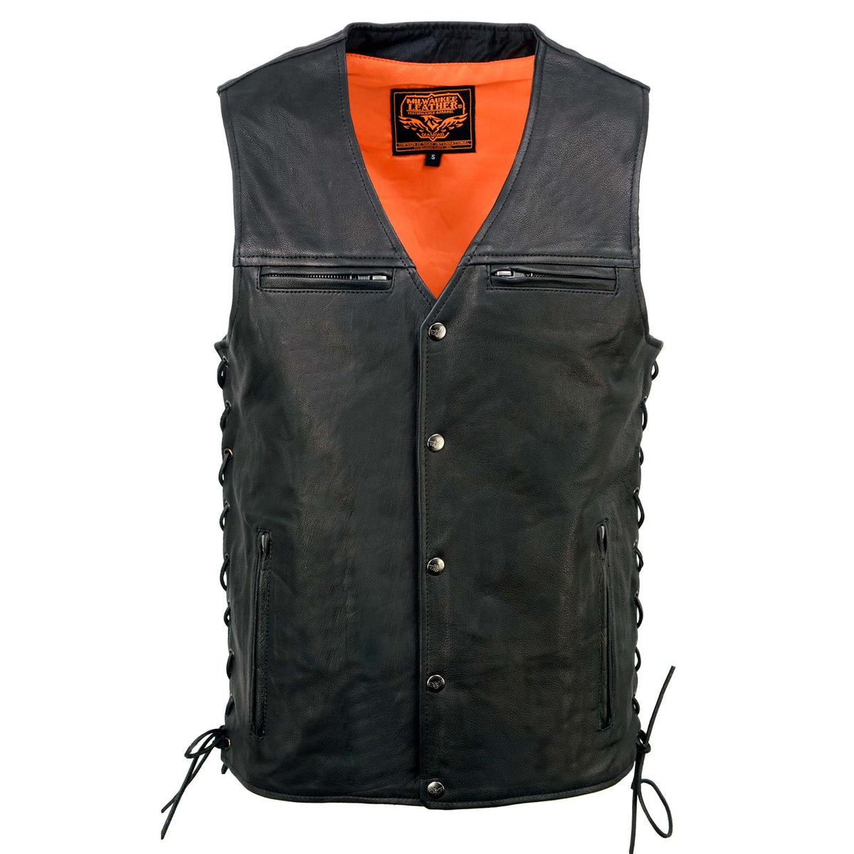 Men's Black Premium Leather Classic V-Neck Side Lace Motorcycle Rider Vest