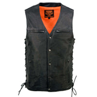 Men's Black Premium Leather Classic V-Neck Side Lace Motorcycle Rider Vest