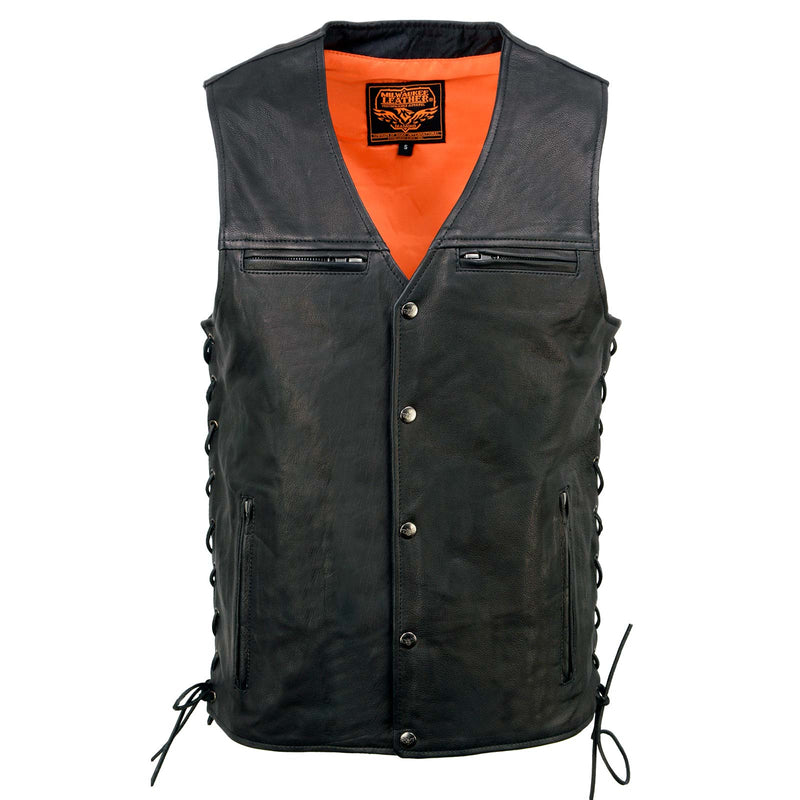 Men's Black Premium Leather Classic V-Neck Side Lace Motorcycle Rider Vest