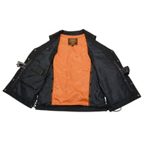 Men's Black Premium Leather Classic V-Neck Side Lace Motorcycle Rider Vest