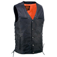 Men's Black Premium Leather Classic V-Neck Side Lace Motorcycle Rider Vest