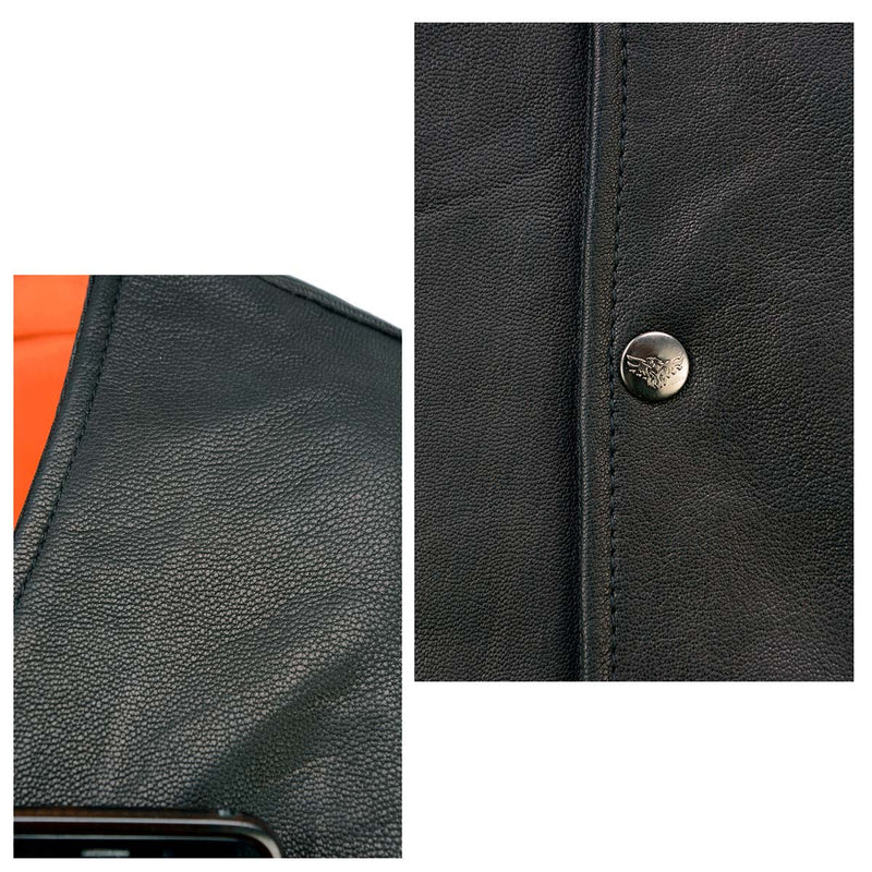 Men's Black Naked Leather Classic V-Neck Straight Bottom Side Lace Motorcycle Rider Vest