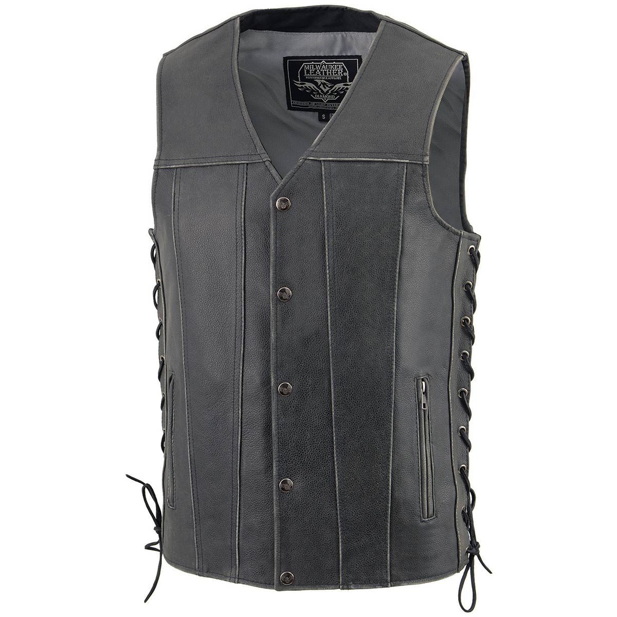 Men's Distressed Gray Side Lace Motorcycle Leather Vest