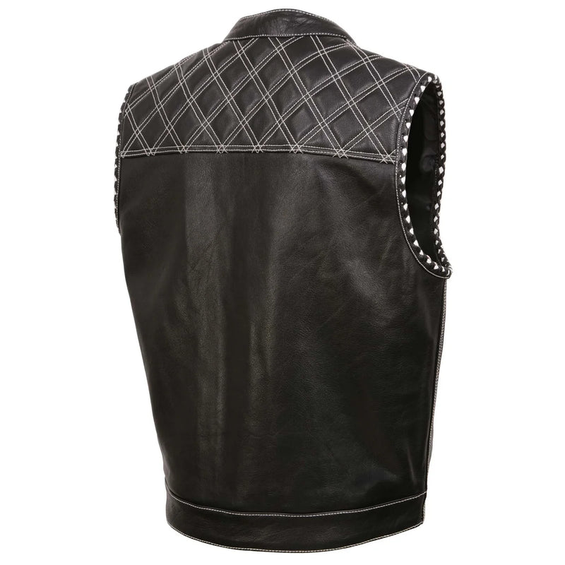 Men's Black 'Paisley' Accented White Stitching Leather Vest – w/Armhole Trim Open Collar Design