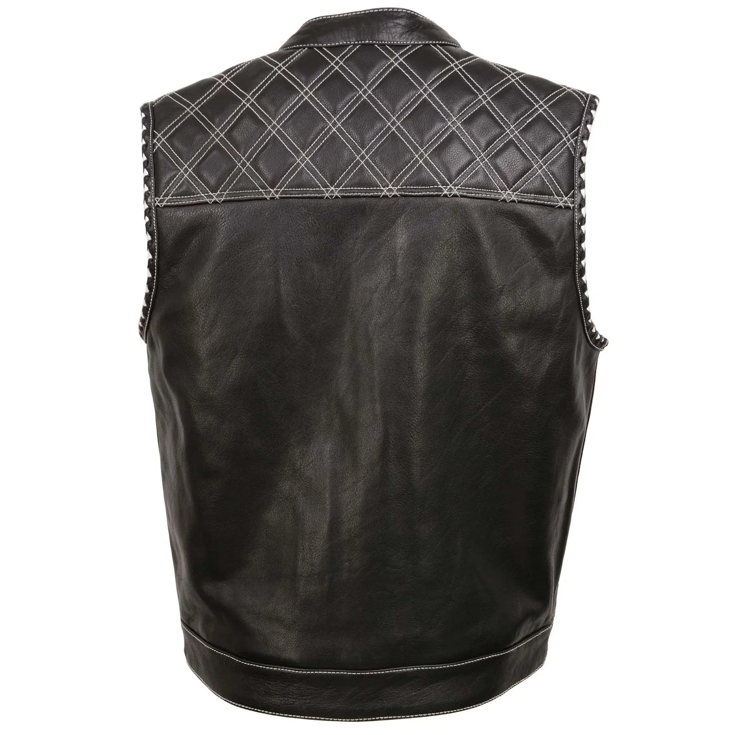 Men's Black 'Paisley' Accented White Stitching Leather Vest – w/Armhole Trim Open Collar Design