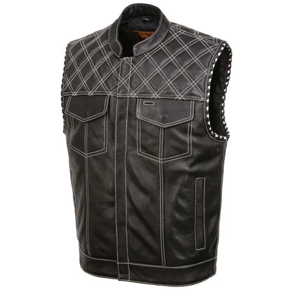 Men's Black 'Paisley' Accented White Stitching Leather Vest – w/Armhole Trim Open Collar Design