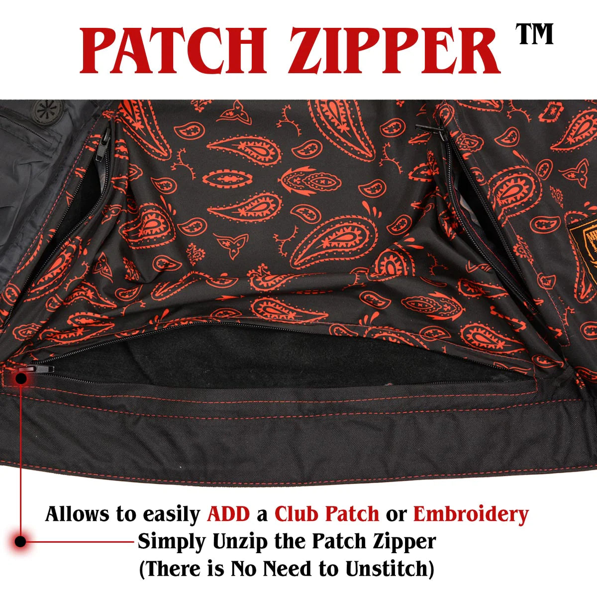 Men's Black 'Paisley' Accented Red Stitching Leather Vest – w/ Armhole Trim Open Collar Design