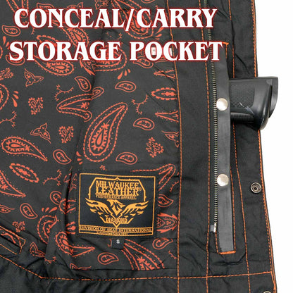 Men's Black 'Checkered Flag' Accented Orange Stitching Leather Vest – W/ Armhole Trim