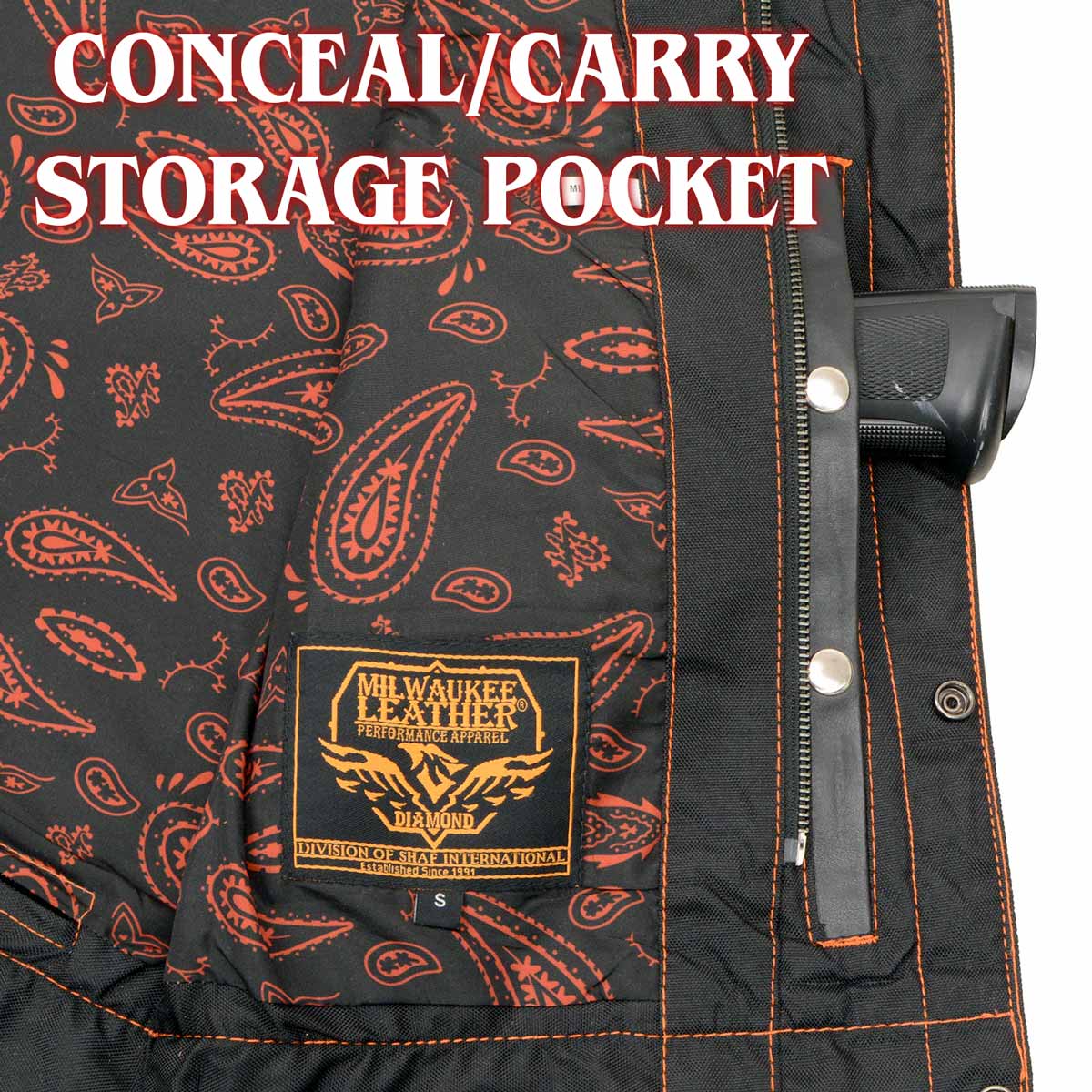 Men's Black 'Checkered Flag' Accented Orange Stitching Leather Vest – W/ Armhole Trim