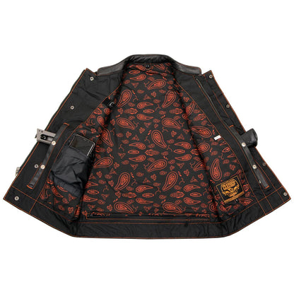 Men's Black 'Checkered Flag' Accented Orange Stitching Leather Vest – W/ Armhole Trim