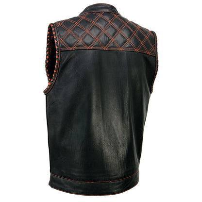 Men's Black 'Checkered Flag' Accented Orange Stitching Leather Vest – W/ Armhole Trim