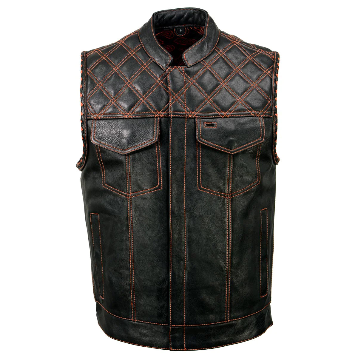 Men's Black 'Checkered Flag' Accented Orange Stitching Leather Vest – W/ Armhole Trim