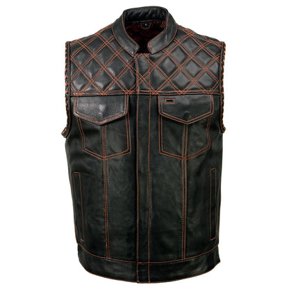 Men's Black 'Checkered Flag' Accented Orange Stitching Leather Vest – W/ Armhole Trim