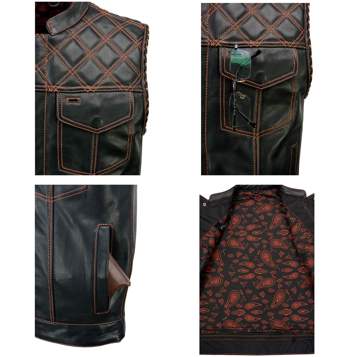 Men's Black 'Checkered Flag' Accented Orange Stitching Leather Vest – W/ Armhole Trim