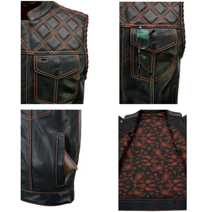 Men's Black 'Checkered Flag' Accented Orange Stitching Leather Vest – W/ Armhole Trim