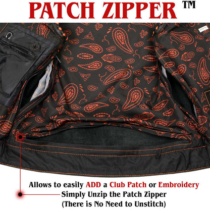 Men's Black 'Checkered Flag' Accented Orange Stitching Leather Vest – W/ Armhole Trim